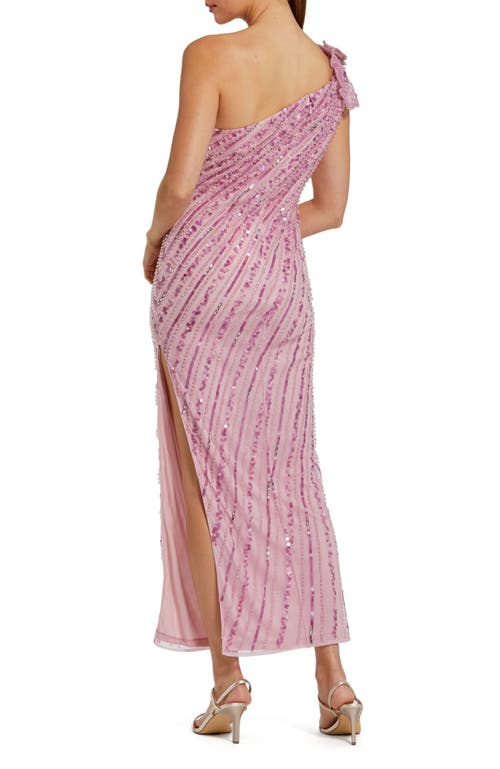 Mac Duggal 3d Flower Detail One Shoulder Beaded Mesh Gown In Orchid