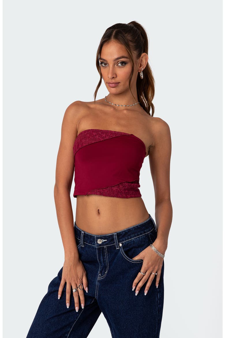 Lace Patchwork Crop Tube Top, Alternate, color, BURGUNDY