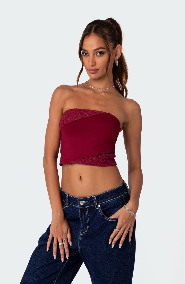 EDIKTED Lace Patchwork Crop Tube Top, Alternate, color, Burgundy