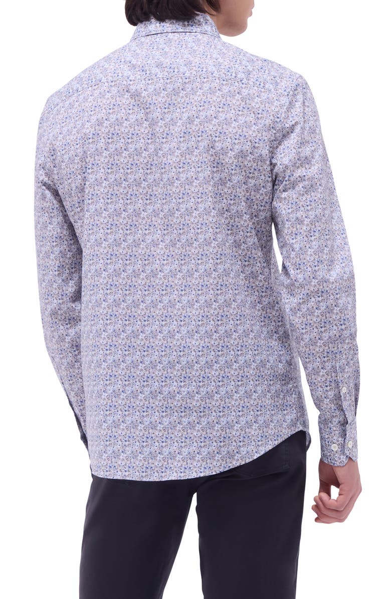 Bugatchi Axel Abstract Floral Shaped Fit Stretch Cotton Button-Up Shirt, Alternate, color, Almond