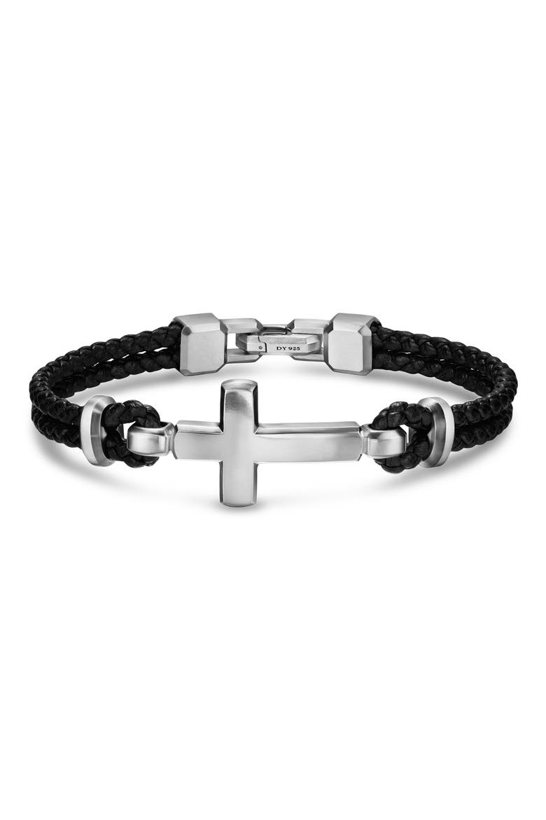 Streamline Cross Station Bracelet in Black Leather with Sterling Silver, 17mm, Main, color, SILVER/ BLACK