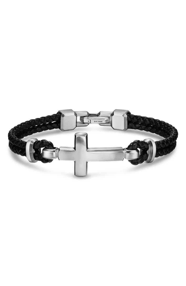 David Yurman Streamline Cross Station Bracelet in Black Leather with Sterling Silver, 17mm, Main, color, Silver/ Black