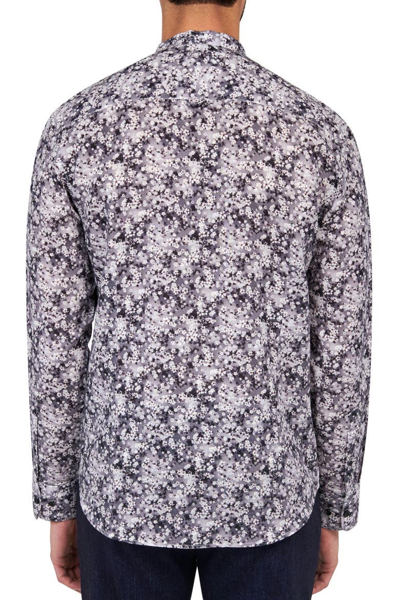 Slim Fit Cherry Blossom Linen Cotton Banded Collar Long Sleeve Shirt, Alternate, color, GREY