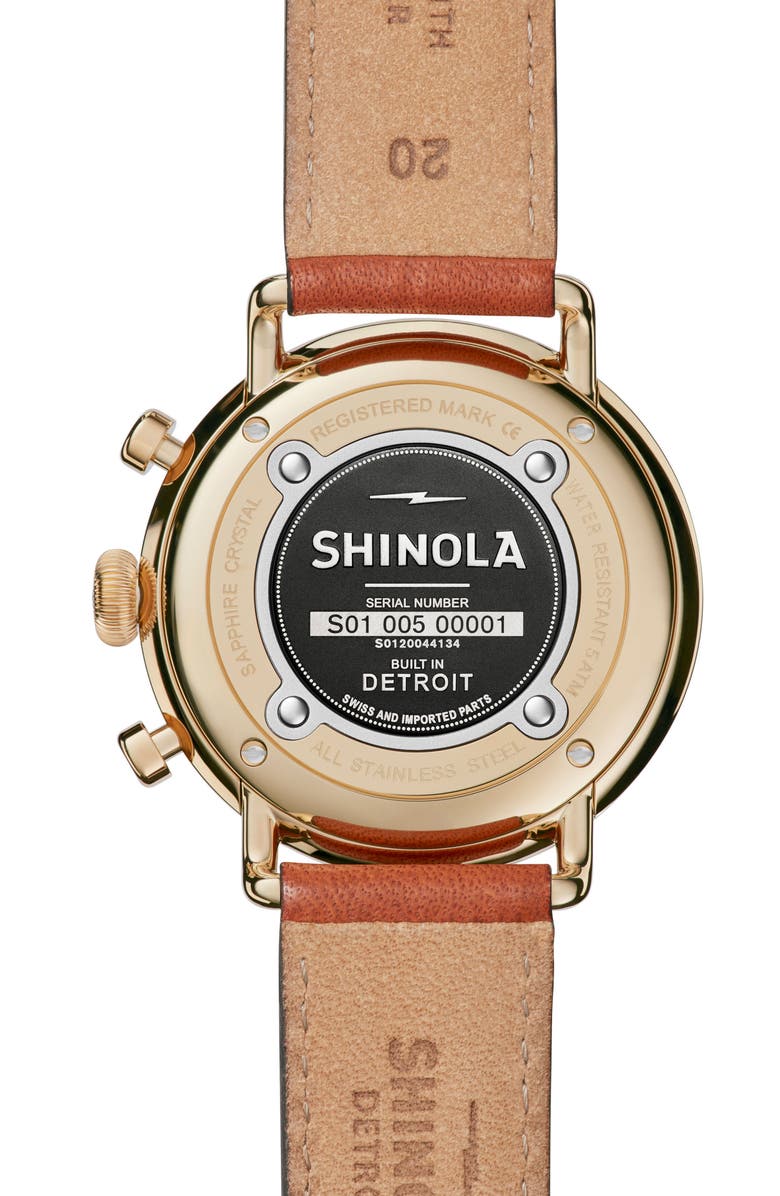 Shinola The Canfield Chrono Leather Strap Watch, 43mm, Alternate, color, Tan/ White/ Gold