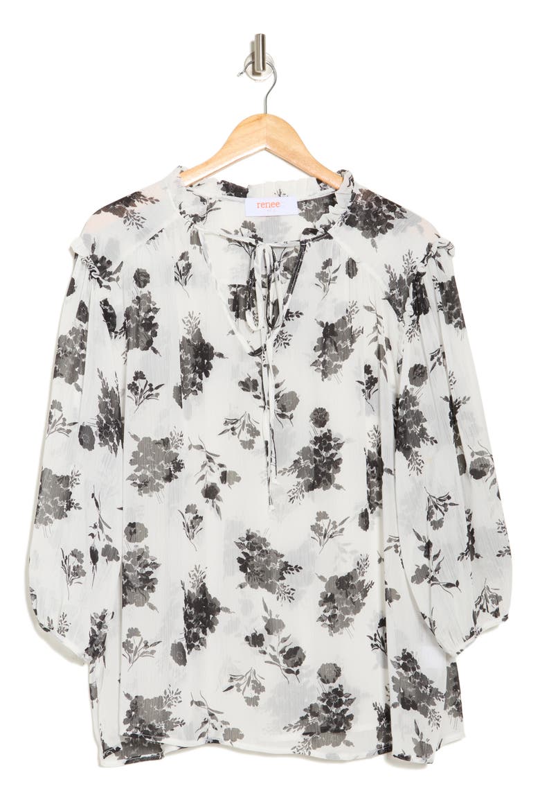 Floral Split Neck Top, Alternate, color, WHITE/ BLACK