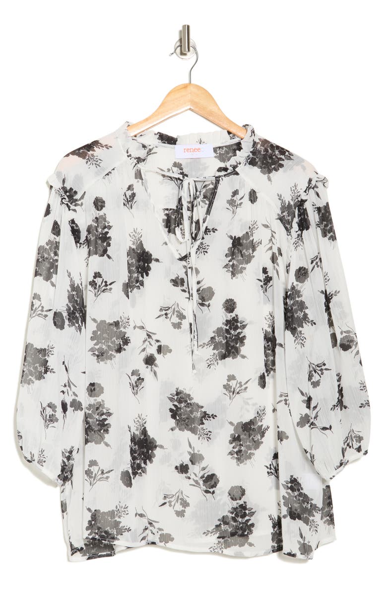 Renee C Floral Split Neck Top, Alternate, color, White/ Black