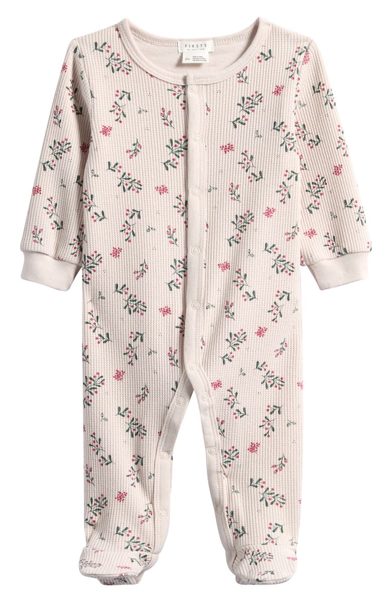 FIRSTS by Petit Lem Winterberry Holly Thermal Footie, Main, color, Beige