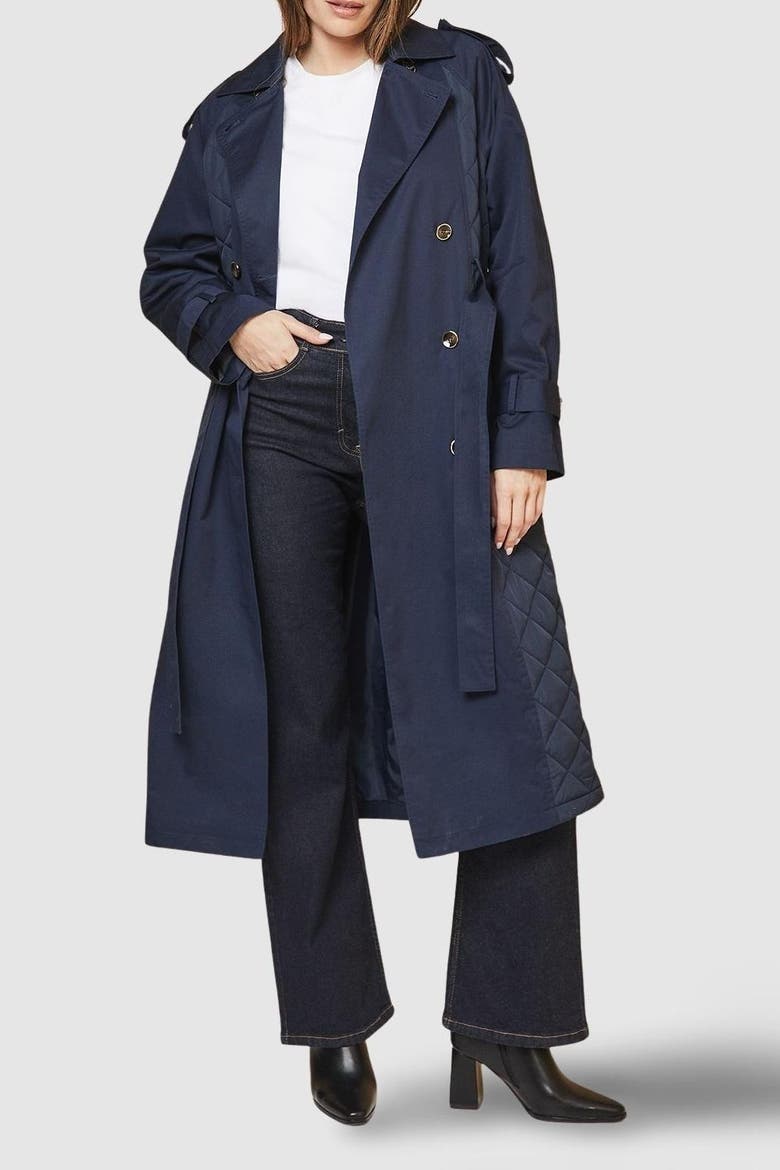 Padded Belted Trench Coat, Alternate, color, Navy