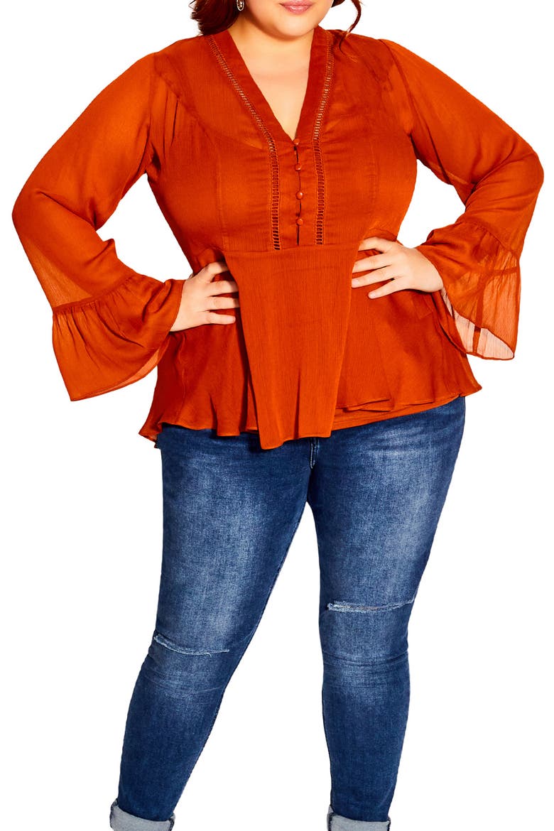 Button Love Bell Sleeve Peplum Blouse, Main, color, TOFFEE