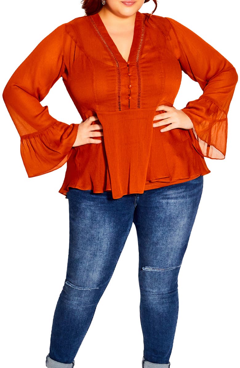 City Chic Button Love Bell Sleeve Peplum Blouse, Main, color, 