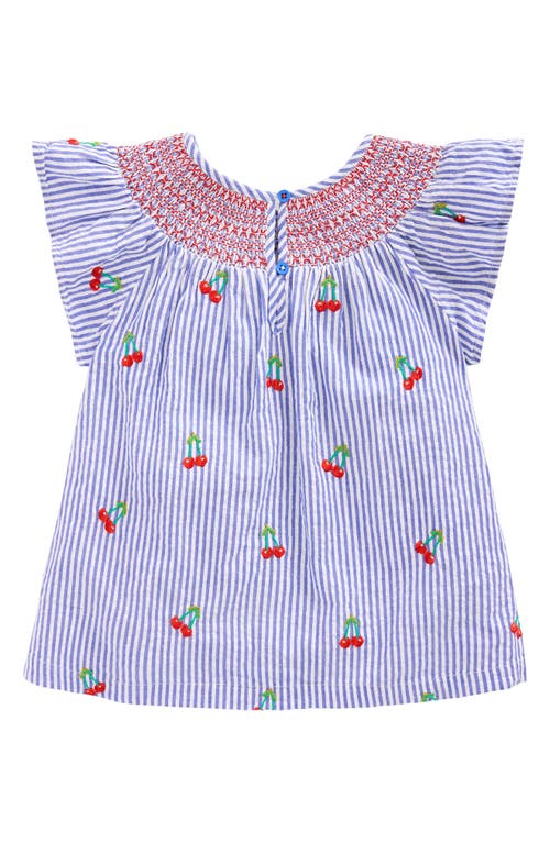 Mini Boden Kids' Smocked Embroidered Cotton Top In Blue Ticking Cherries