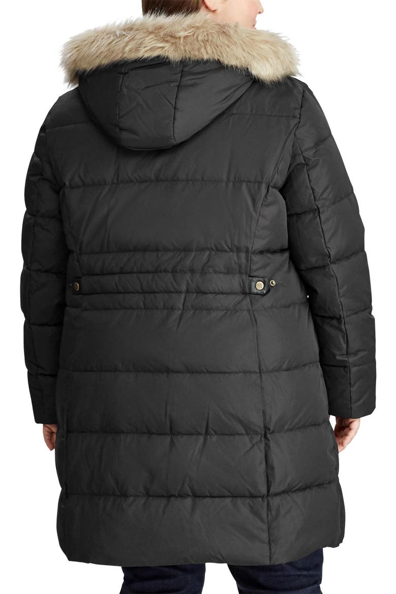 Down Puffer Coat with Removable Faux Fur Trim Hood, Alternate, color, BLACK
