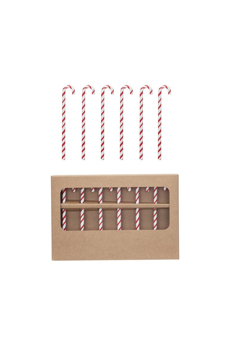 Glass Candy Cane Shaped Stir Sticks, Set of 6, Main, color, Red; White
