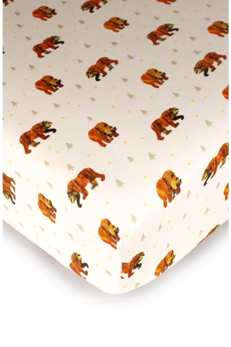 x The Very Hungry Caterpillar Print Fitted Organic Cotton Crib Sheet, Main, color, BROWN BEAR