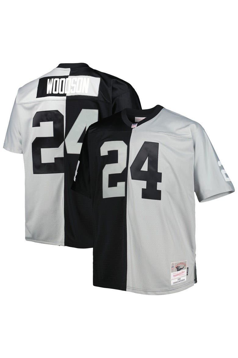 Men's Mitchell & Ness Charles Woodson Black/Silver Las Vegas Raiders Big & Tall Split Legacy Retired Player Replica Jersey, Main, color, Black
