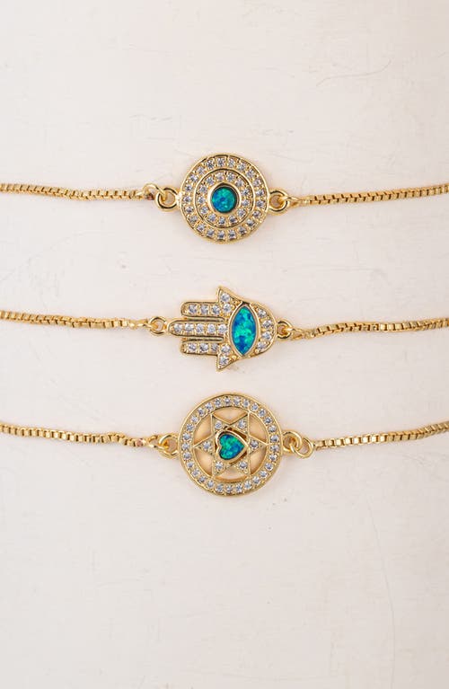 Eye Candy Los Angeles Set Of 3 Opal Evil Eye Hamsa Bolo Bracelets In Gold