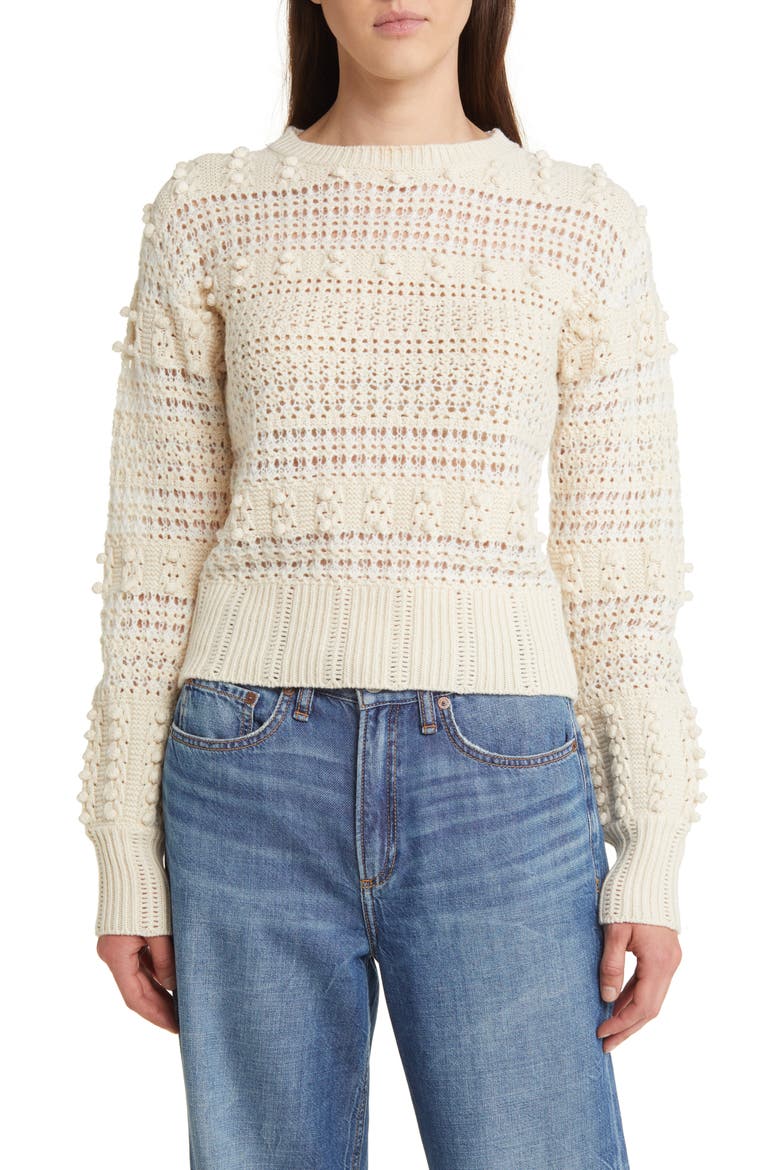 Open Stitch Pom Sweater, Main, color, WHITE