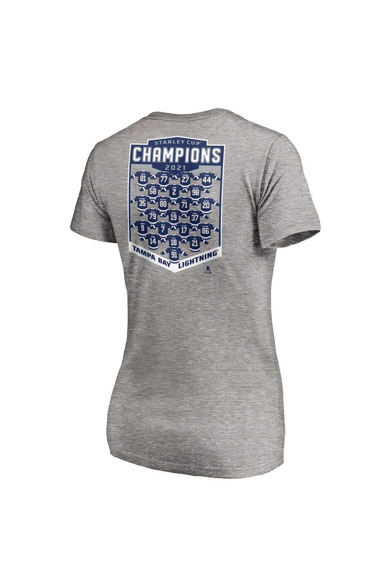 Women's Fanatics Branded Heathered Gray Tampa Bay Lightning 2021 Stanley Cup Champions Jersey Roster V-Neck T-Shirt, Alternate, color, Heather Gray
