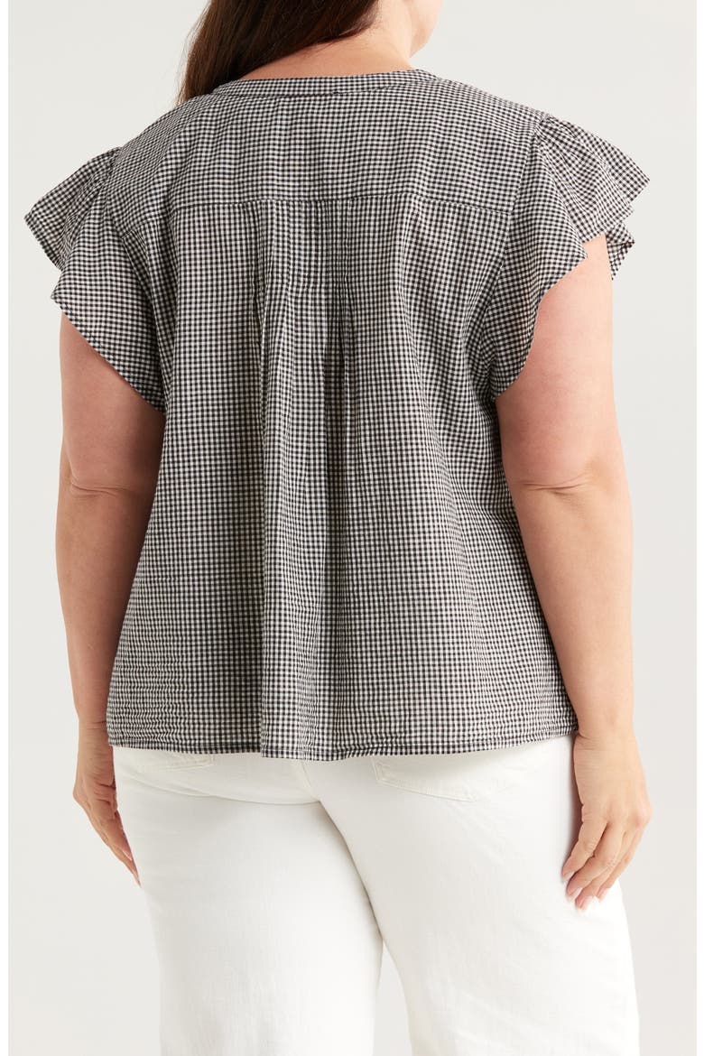 Gingham Flutter Sleeve Button-Up Top, Alternate, color, BLACK- IVORY GINGHAM