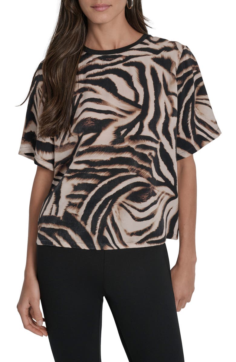 DKNY Zebra Print Short Sleeve Woven Shirt, Main, color, Blurred Zebra