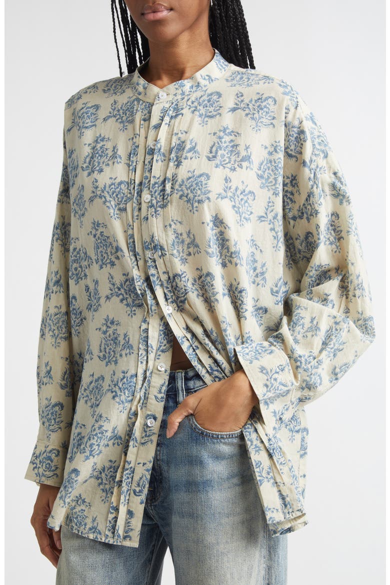 Pleated Front Floral Button-Up Shirt, Alternate, color, BLUE WITH WHITE FLORAL