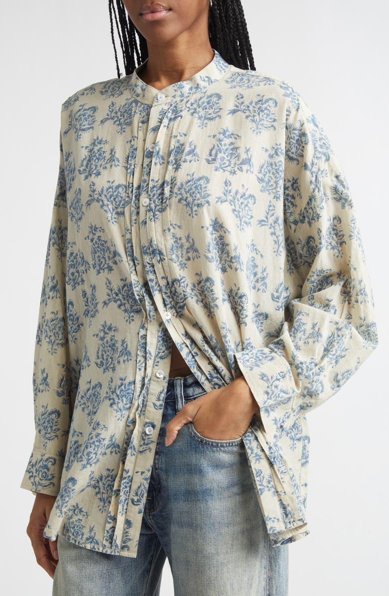 R13 Pleated Front Floral Button-Up Shirt, Alternate, color, Blue With White Floral