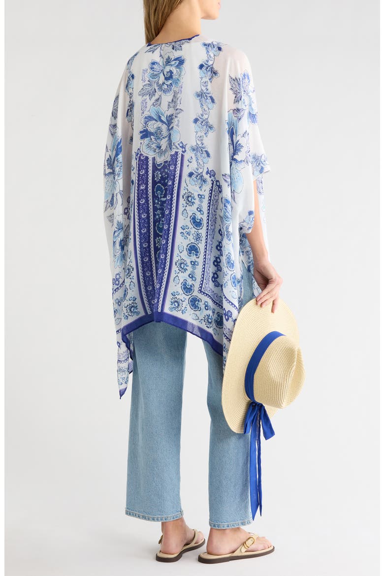 Floral Scarf Print Ruana & Straw Hat Set, Alternate, color, BLUE
