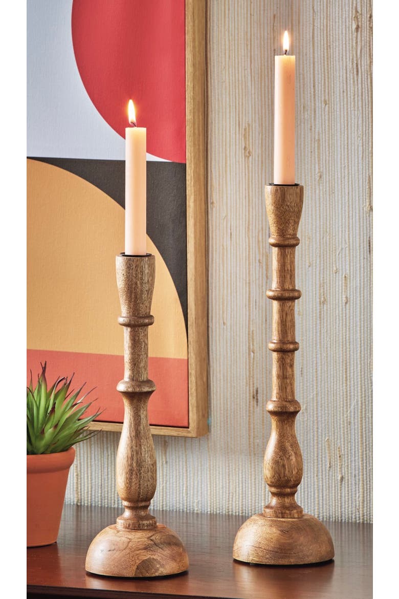 Tara Large Natural Mango Wood and Metal Taper Candle Holder, Alternate, color, Brown