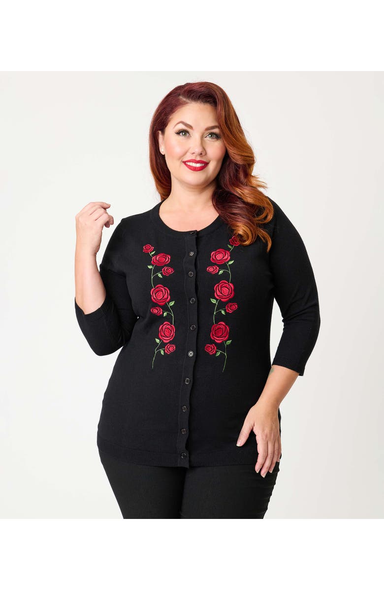 Unique Vintage Plus Size Bookworm Cardigan, Main, color, Black & Red Roses