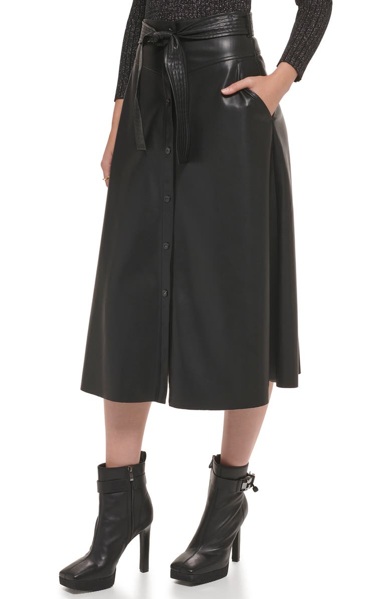 DKNY Button Front Tie Waist Faux Leather Midi Skirt, Alternate, color, 