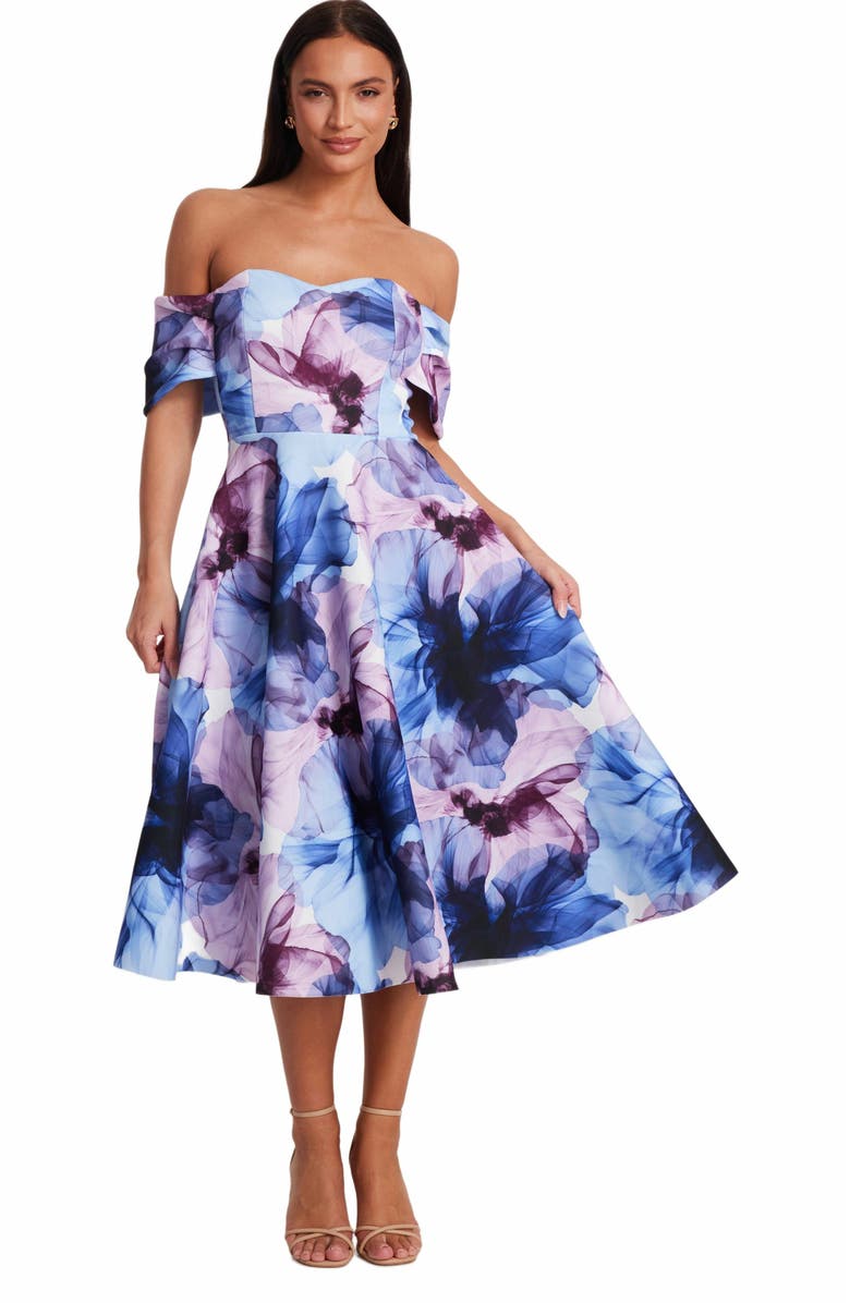 QUIZ Scuba Knit Floral Print Bardot Midi Skater Dress, Main, color, 