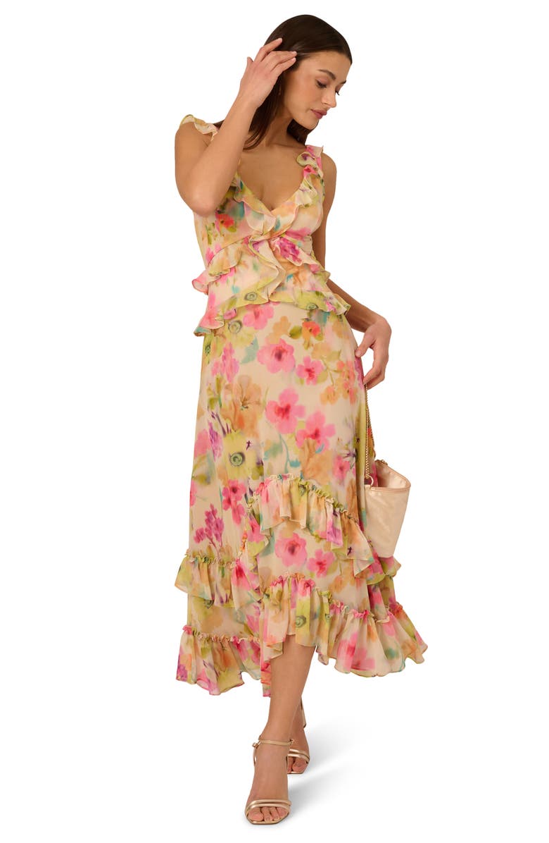 Adrianna Papell Floral Ruffle Trim Chiffon Dress, Alternate, color, Green/ Pink Multi