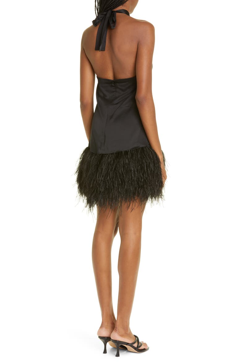 Barb Feather Hem Silk Halter Dress, Alternate, color, BLACK