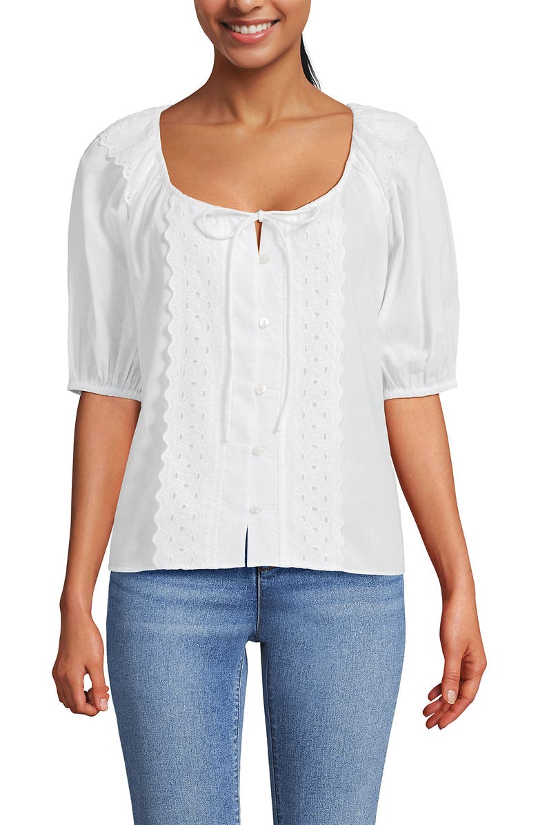 Lands' End Voile Puff Elbow Sleeve Embroidered Blouse, Alternate, color, White