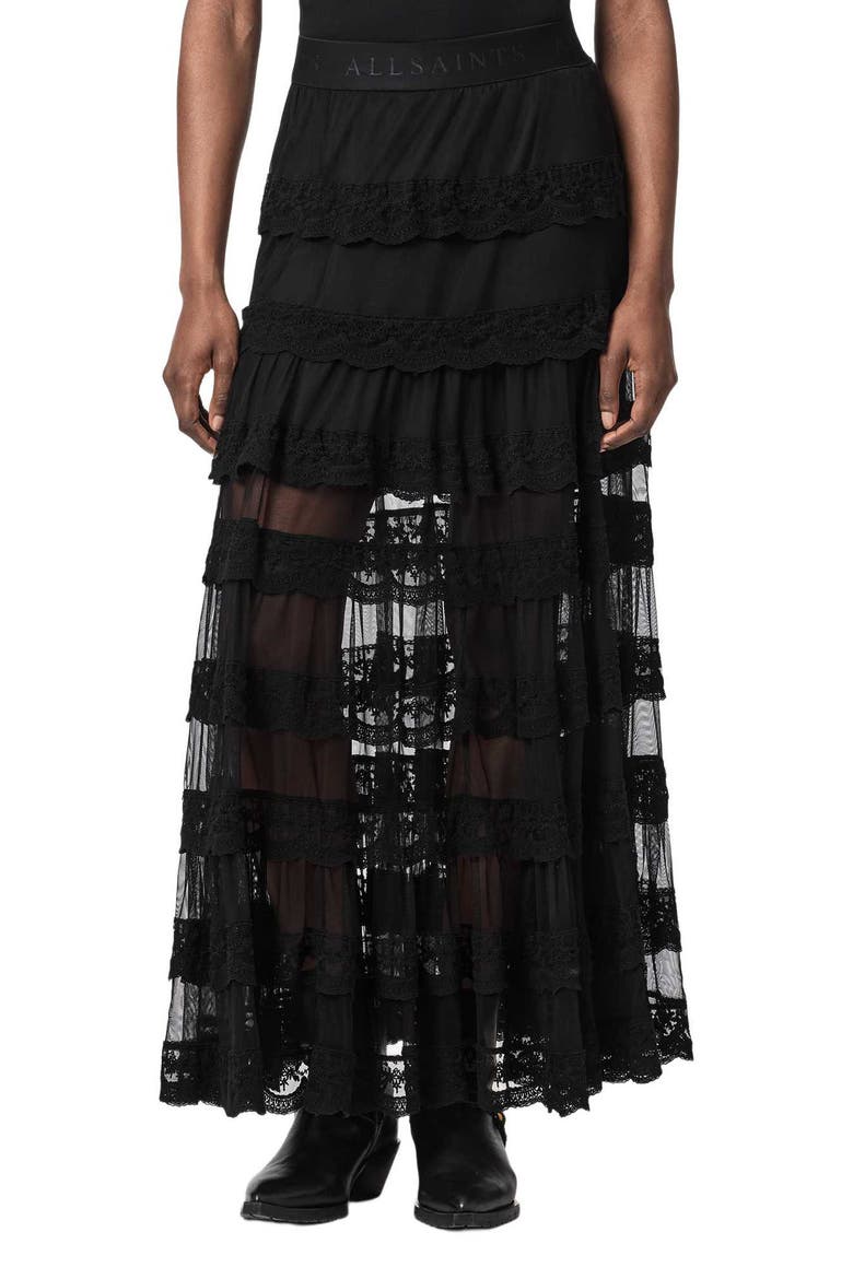Maggie Lace Ruffle Maxi Skirt, Main, color, BLACK