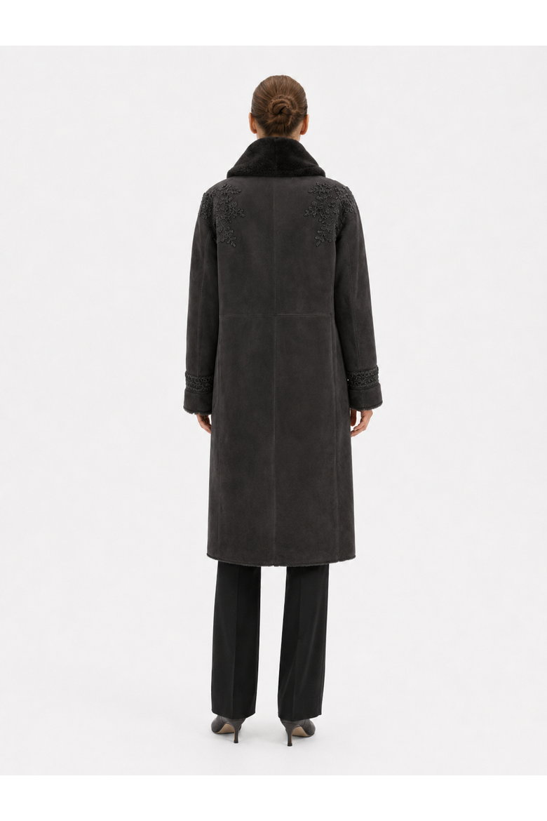 Ilda Long Merino Curly Shearling Coat with Embroidery, Alternate, color, Grigio