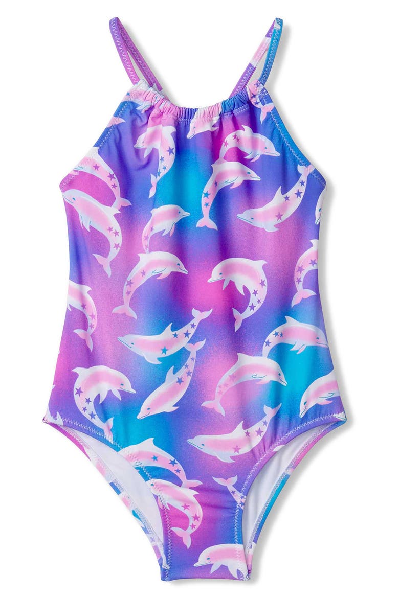 Kids' Airbrush Dolphins One-Piece Swimsuit, Main, color, PURPLE