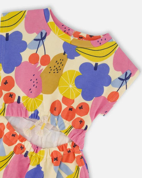 Deux Par Deux Little Girl's Printed French Terry Dress Fruits On Yellow Background In Fruits On Yellow Background