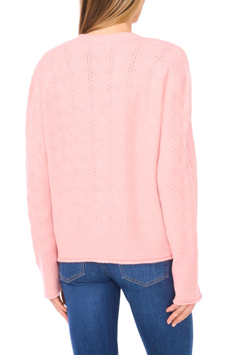 CeCe Pointelle Stitch Lace Bow Cardigan, Alternate, color, Coral Blush