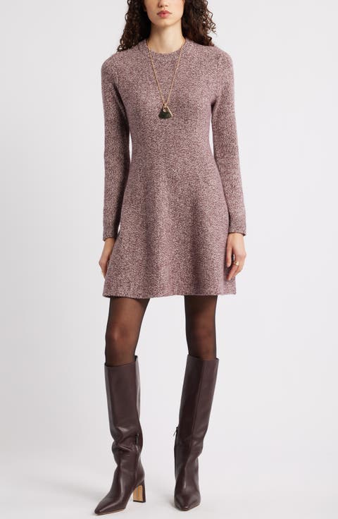 Marled Long Sleeve Wool & Cashmere Fit & Flare Minidress