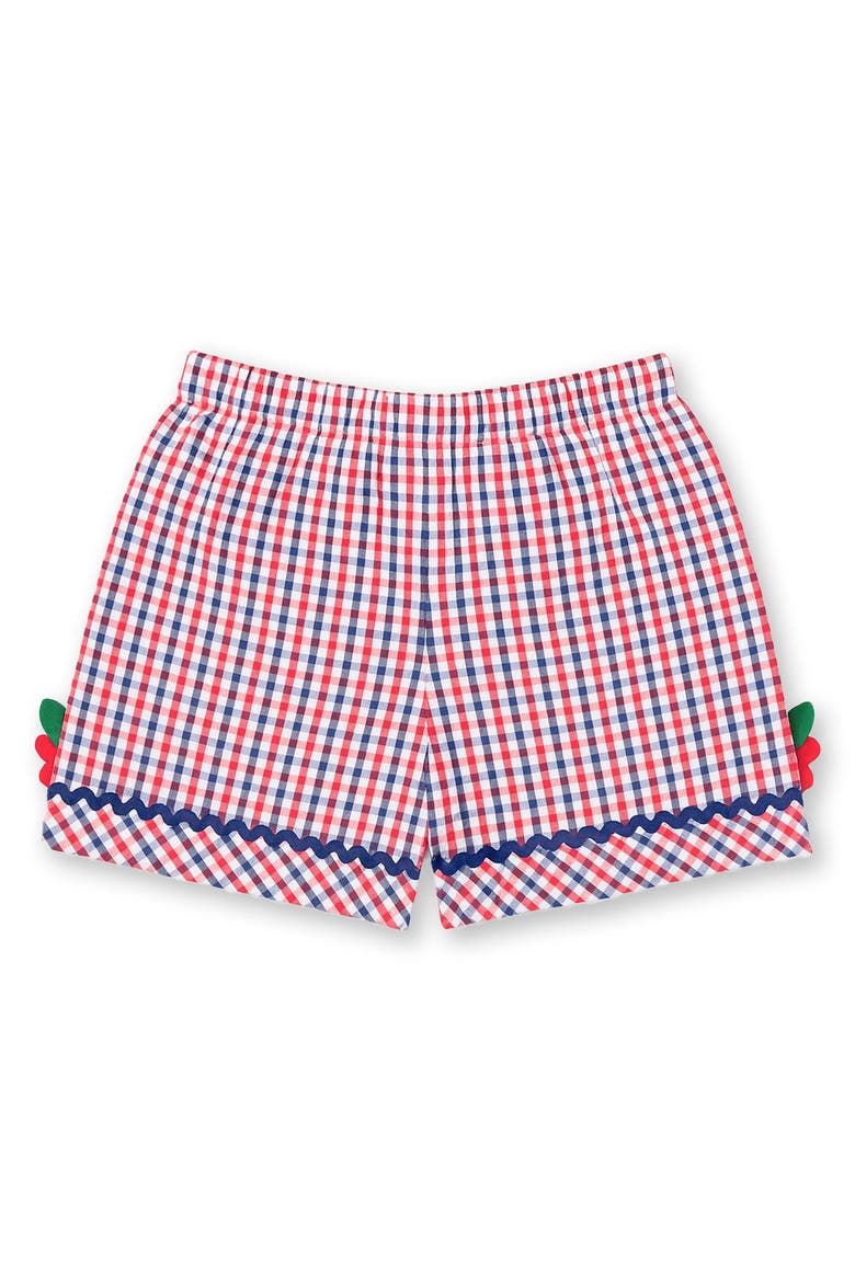 Plaid Seersucker Shorts With Ric Rac & Flowers, Alternate, color, Navy/White/Red
