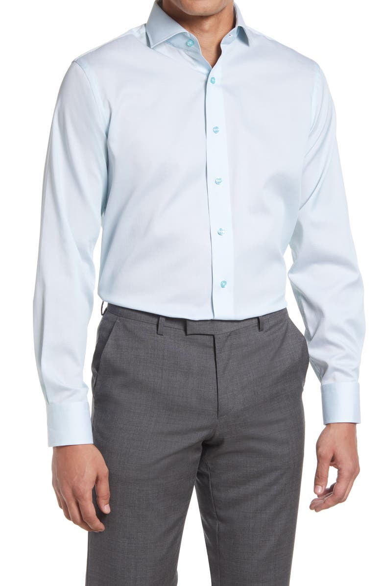 Lorenzo Uomo Trim Fit Textured Microgrid Dress Shirt, Main, color, Mint
