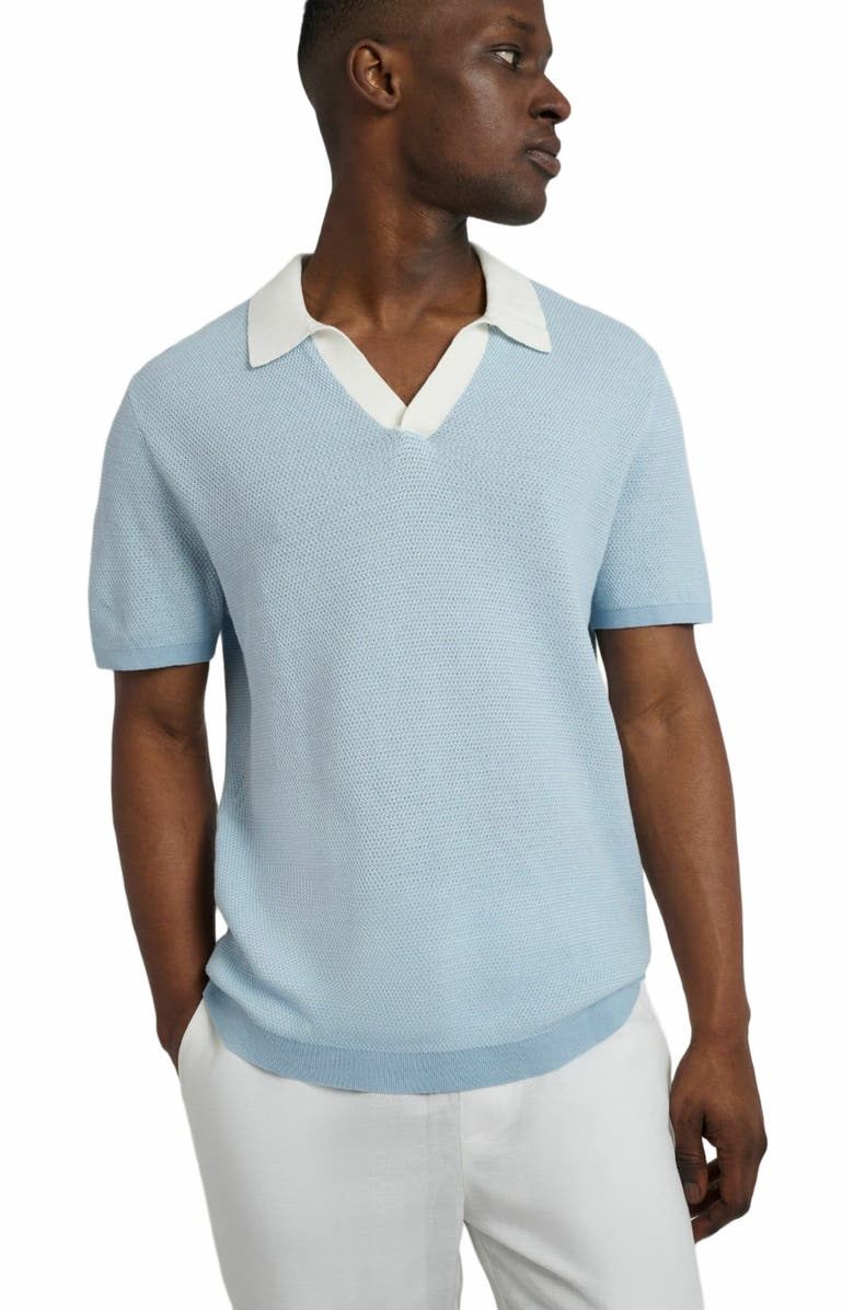 Onia Cotton Textured Johnny Collar Polo, Alternate, color, Pale Blue/Whte