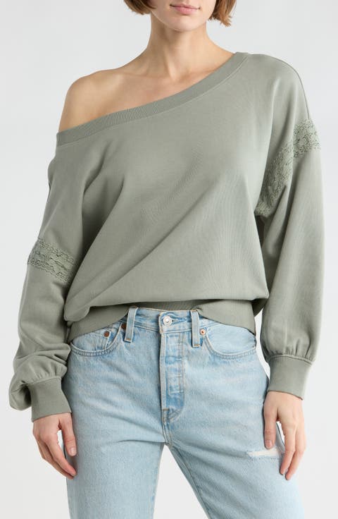 Lace Trim One-Shoulder Sweatshirt