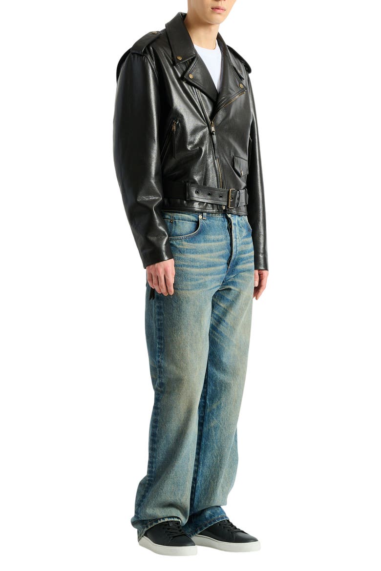Textured leather biker jacket, Alternate, color, black