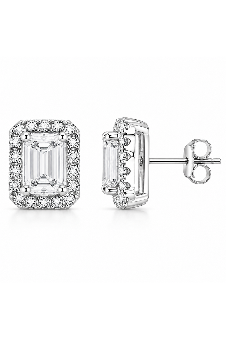 Sterling Silver Emerald Cut Halo Studs, Main, color, Silver
