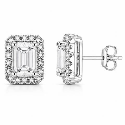 Sterling Silver Emerald Cut Halo Studs