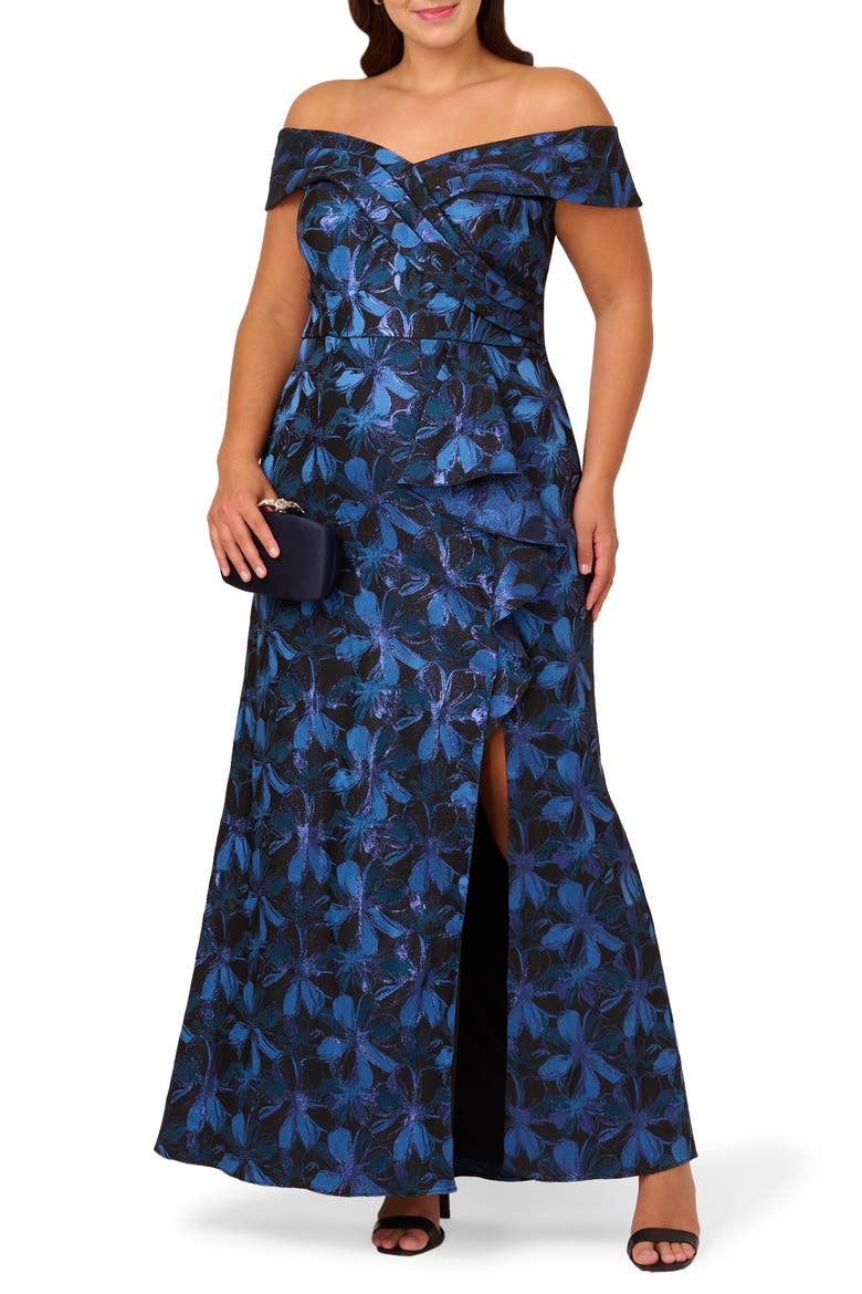 Metallic Floral Jacquard Off the Shoulder Gown, Alternate, color, BLUE MULTI