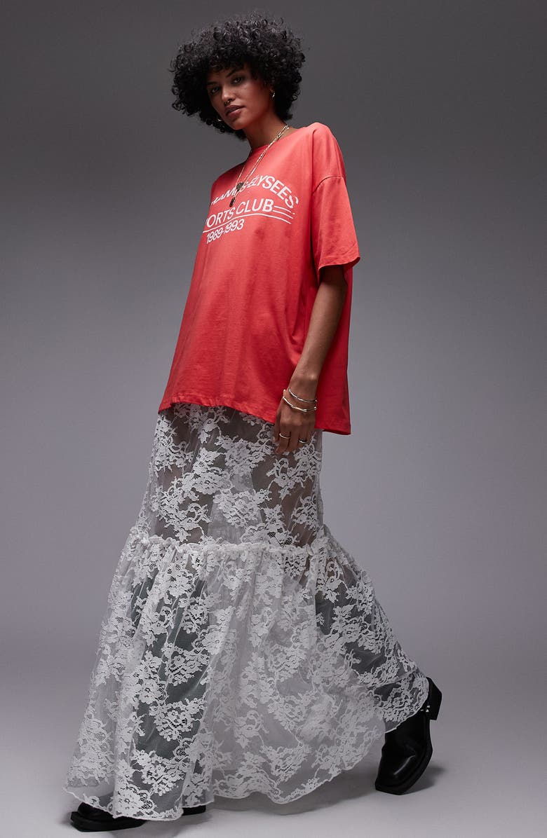 Topshop Ruffle Seam Sheer Lace Maxi Skirt, Alternate, color, Ivory