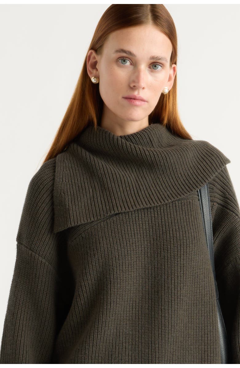 Modern Citizen Ezra Organic Cotton-Wool Foldover-Collar Sweater, Alternate, color, Green Umber
